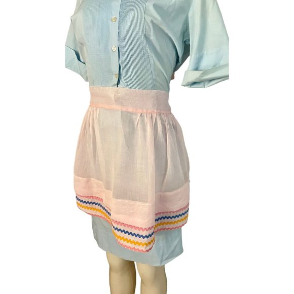 Vintage half apron 1950s women kitchen apron with zig zag pattern in pink blue. - Picture 9 of 10